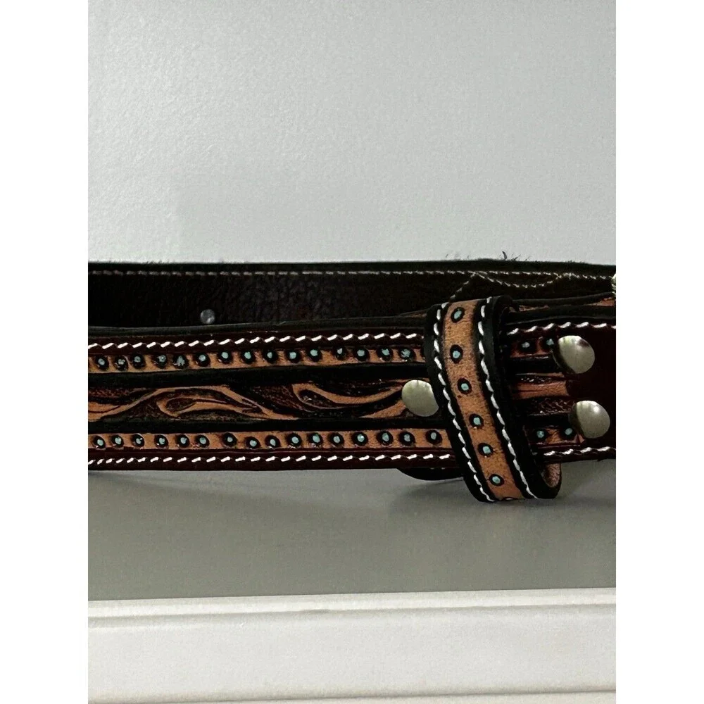 Men's Leather Western Belt Size 30 Silver Buckle Pony/Calf Hair Tooled